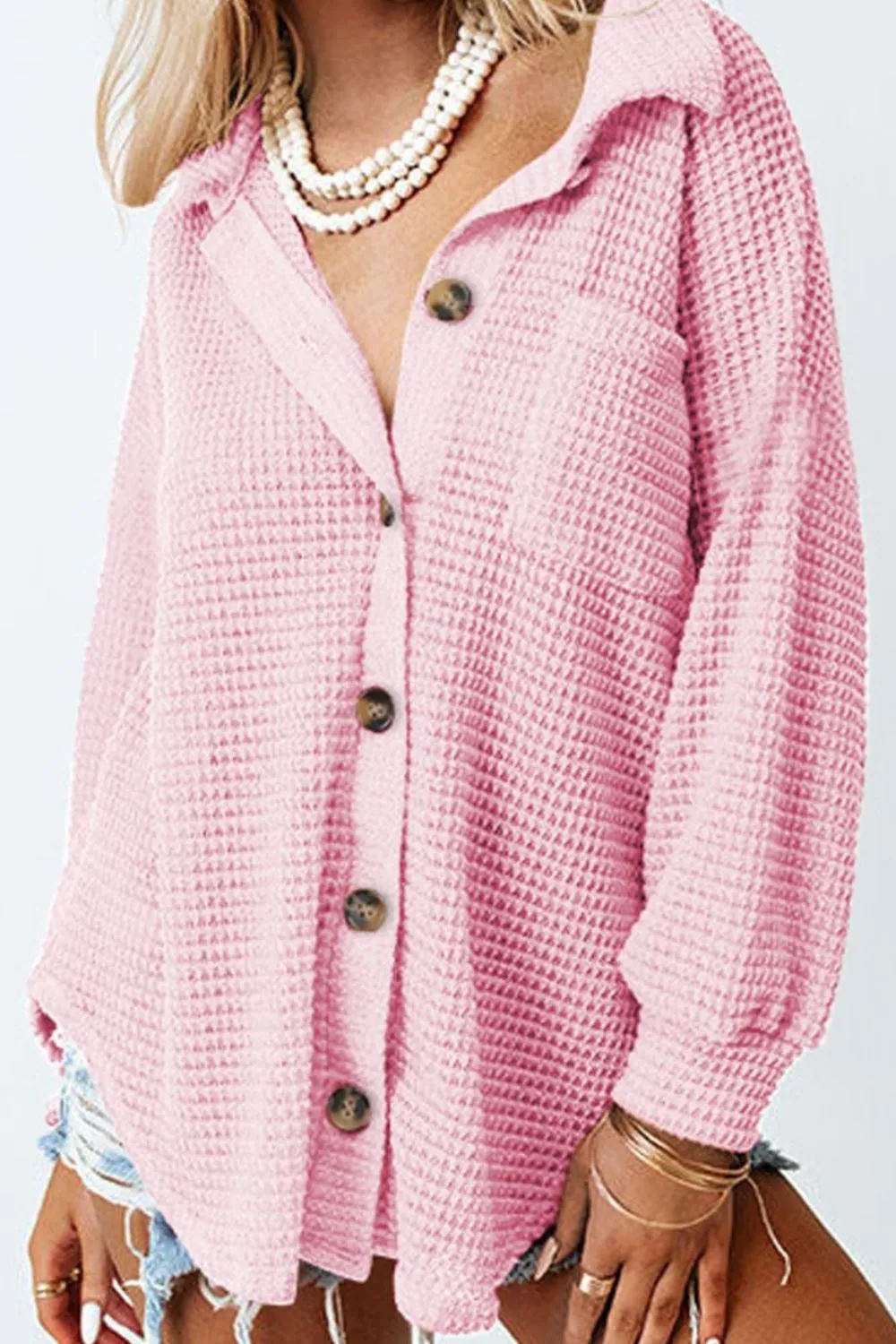 Waffle-Knit Collared Neck Long Sleeve Shirt, image 31