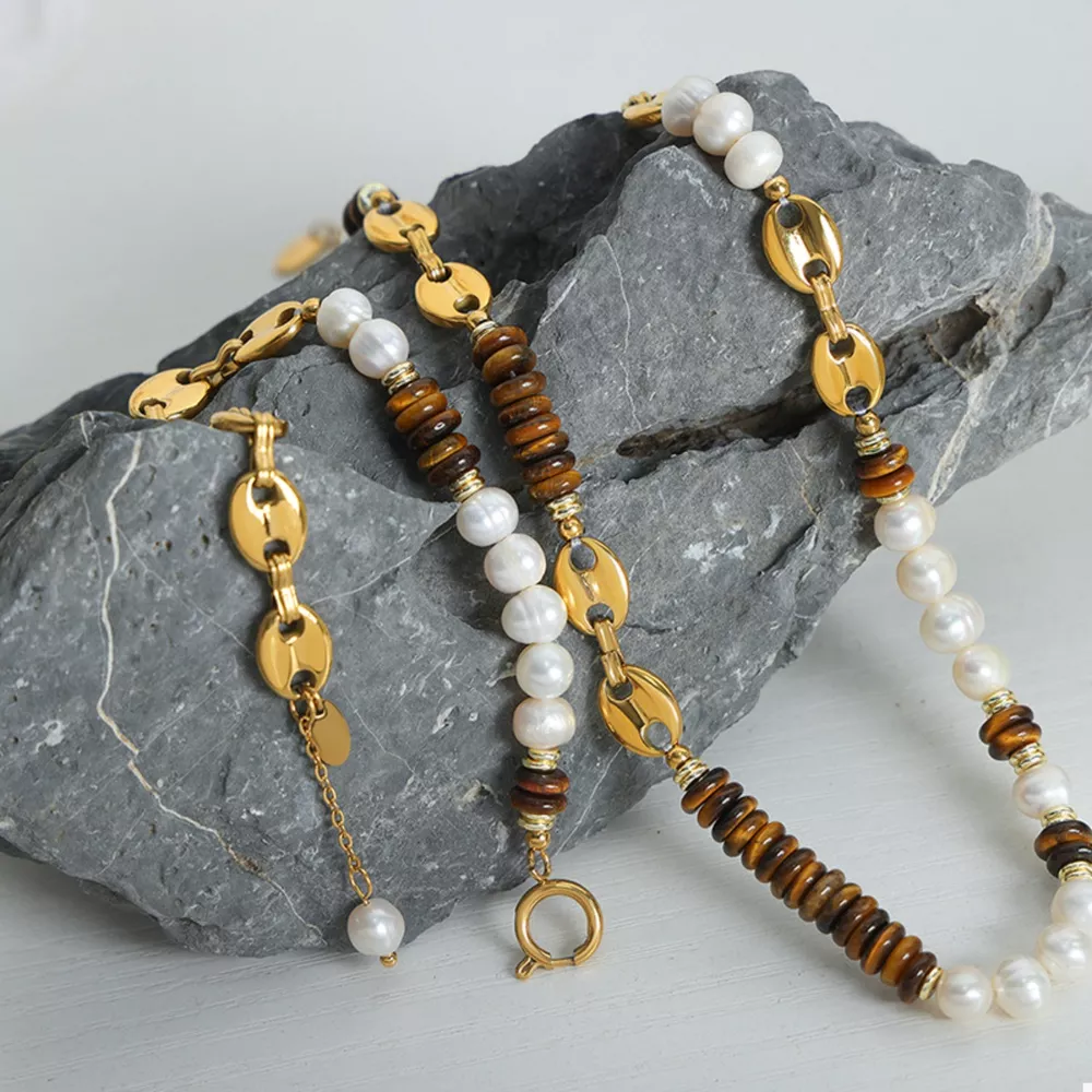 Tiger's Eye Freshwater Pearl 18K Gold-Plated Bead Necklace, image 9