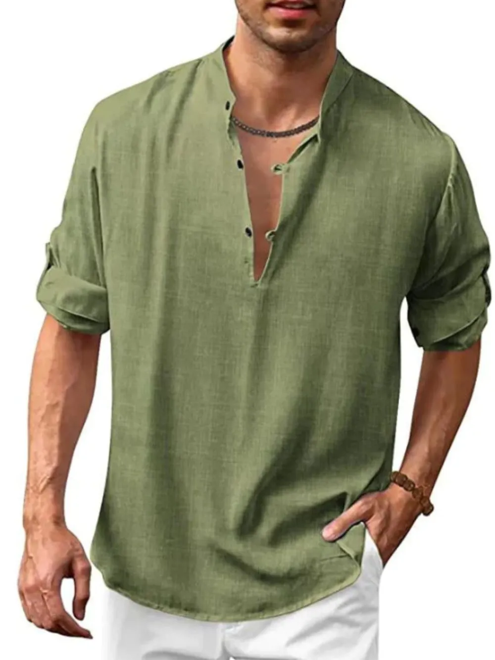 Men's Full Size Button Detail Roll-Tab Sleeve Top Plus Size, image 8
