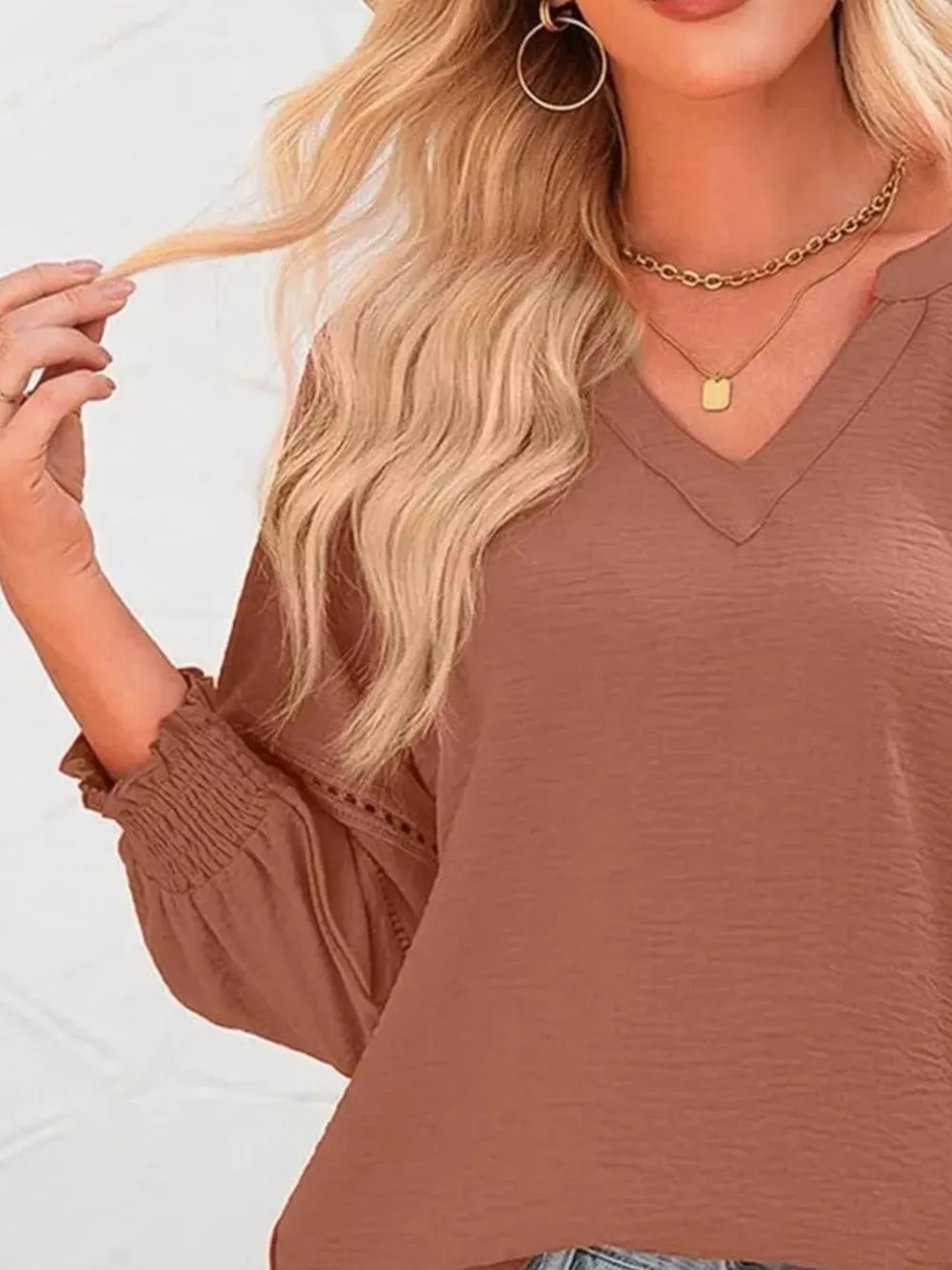Solid Color Smocked Long Sleeve Blouse, image 35
