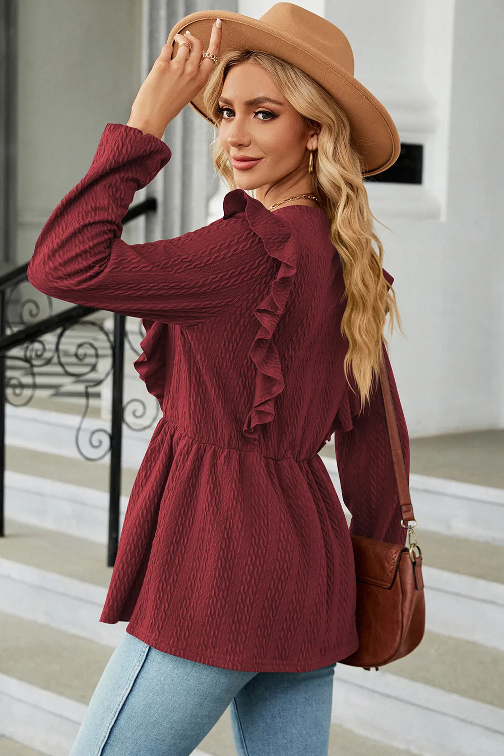 Ruffled Round Neck Balloon Sleeve Blouse, image 3