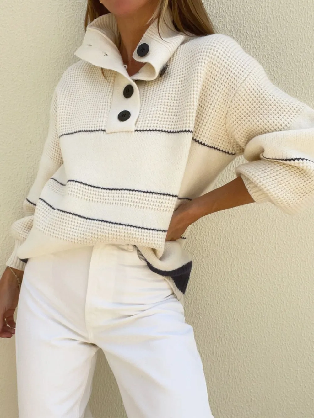 Waffle-Knit Half Button Long Sleeve Sweater, image 3