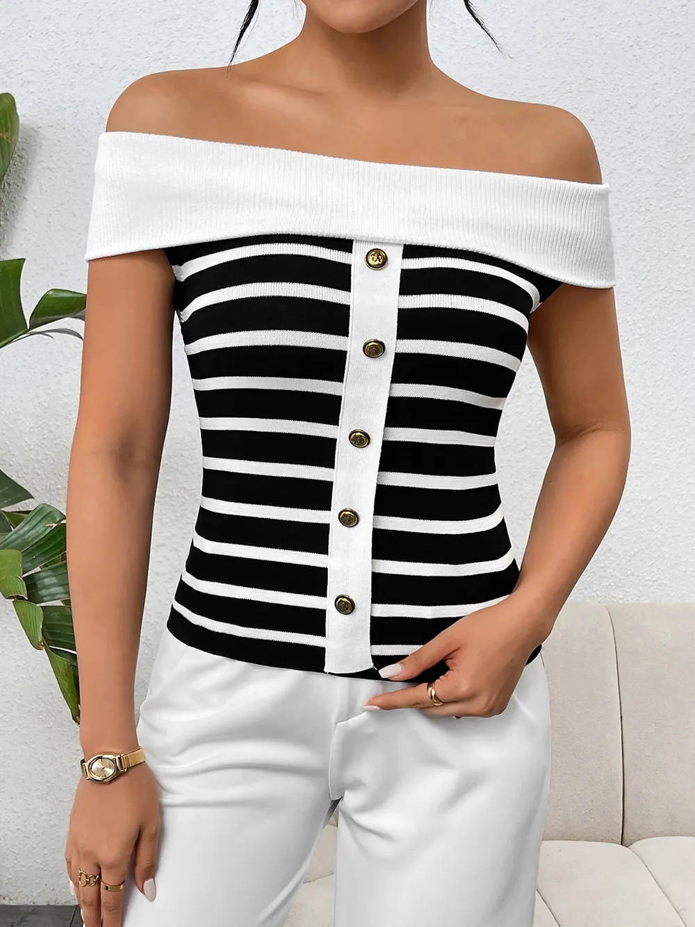 Decorative Button Striped Off-Shoulder Knit Top, image 12
