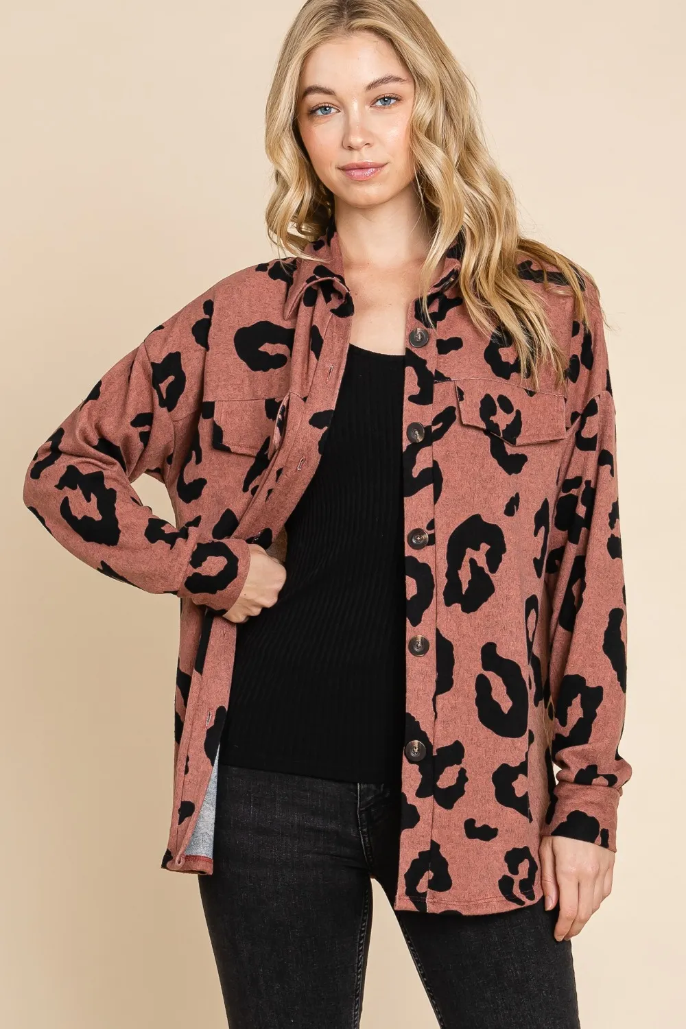 Animal Print Button Up Knit Shacket, image 4