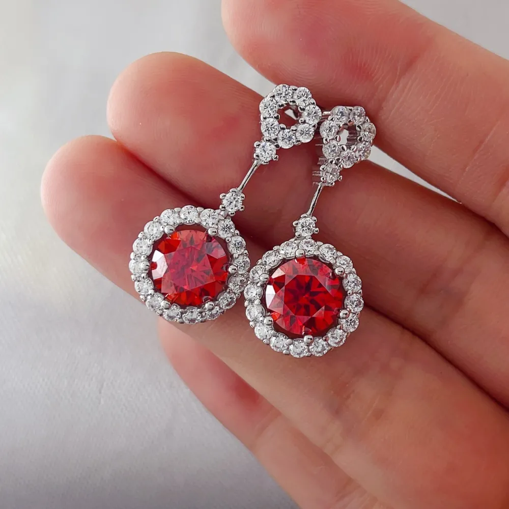 4 Carat Ruby Red Crystal Drop Earrings with Rhinestone Halo, image 3