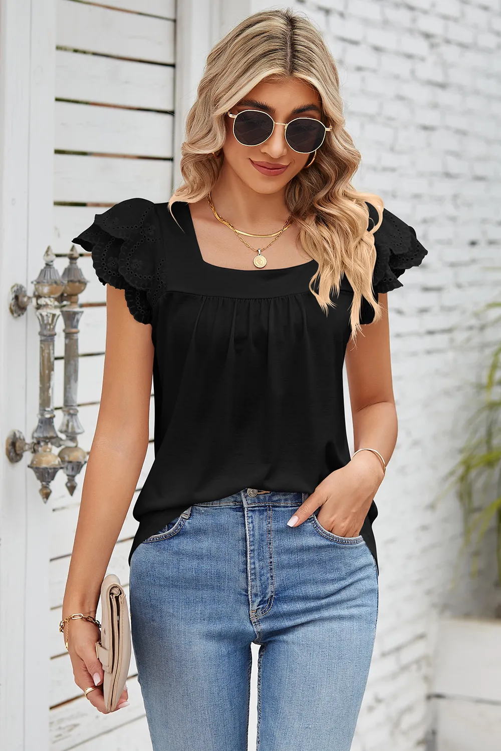 Eyelet Square Neck Cap Sleeve Blouse, image 18