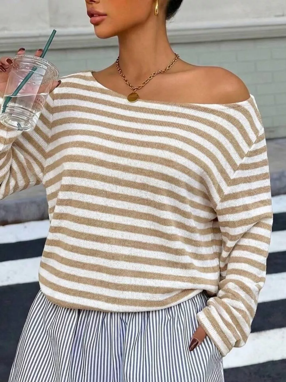 Boat Neck Striped Long Sleeve T-Shirt, image 20