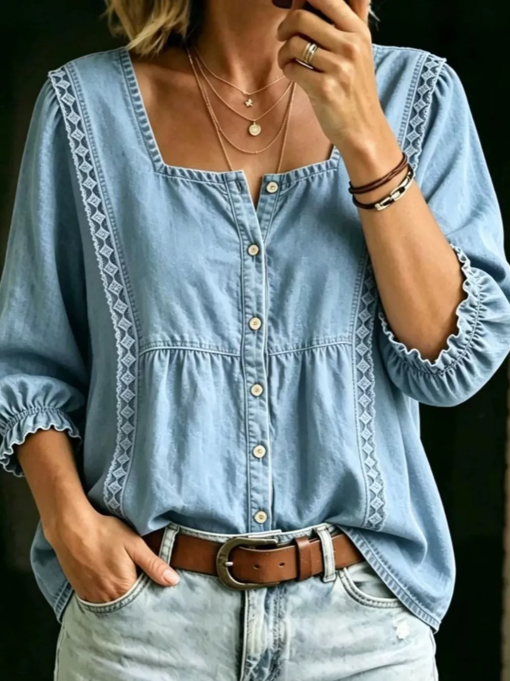 Full Size Square Neck Button-Down Denim Shirt Plus Size, image 3