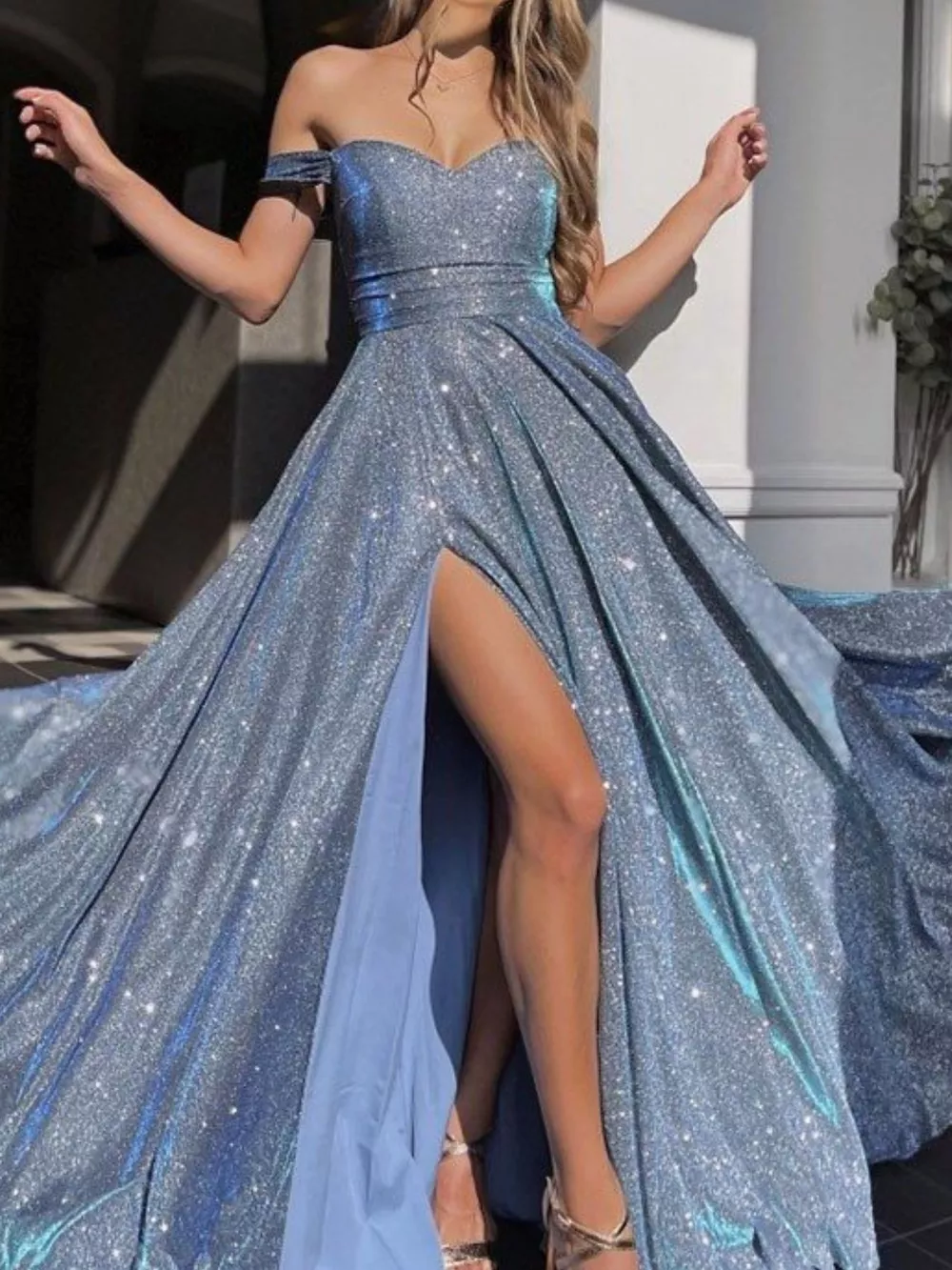 Off-Shoulder High Slit Maxi Dress, image 2