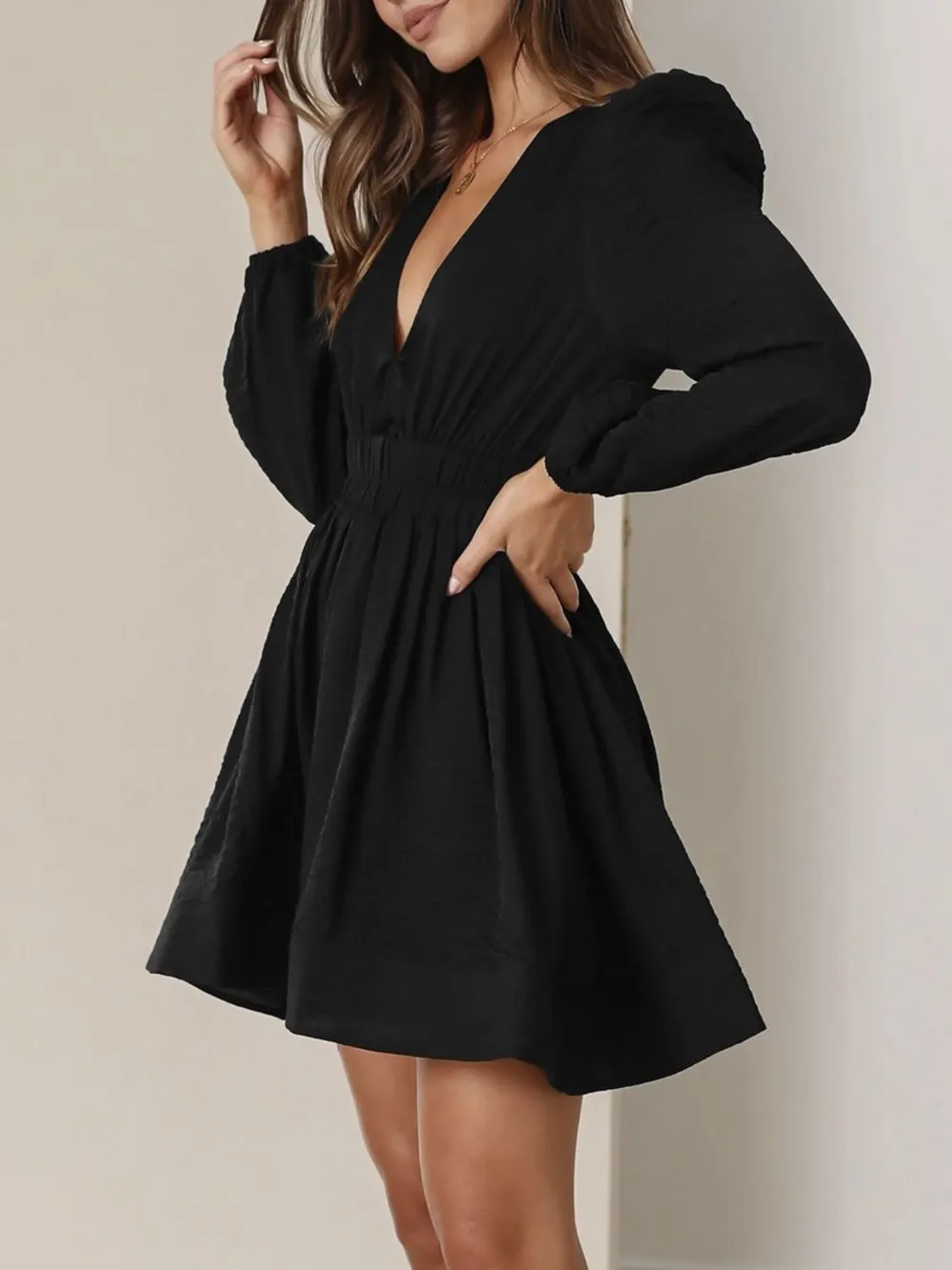 Ruched V-Neck Balloon Sleeve Mini Dress, image 8