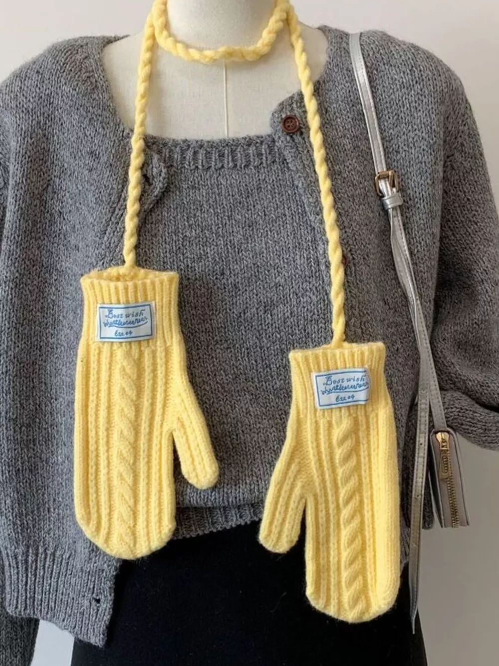 Cable Knitted Mittens with Neck Strap, image 5
