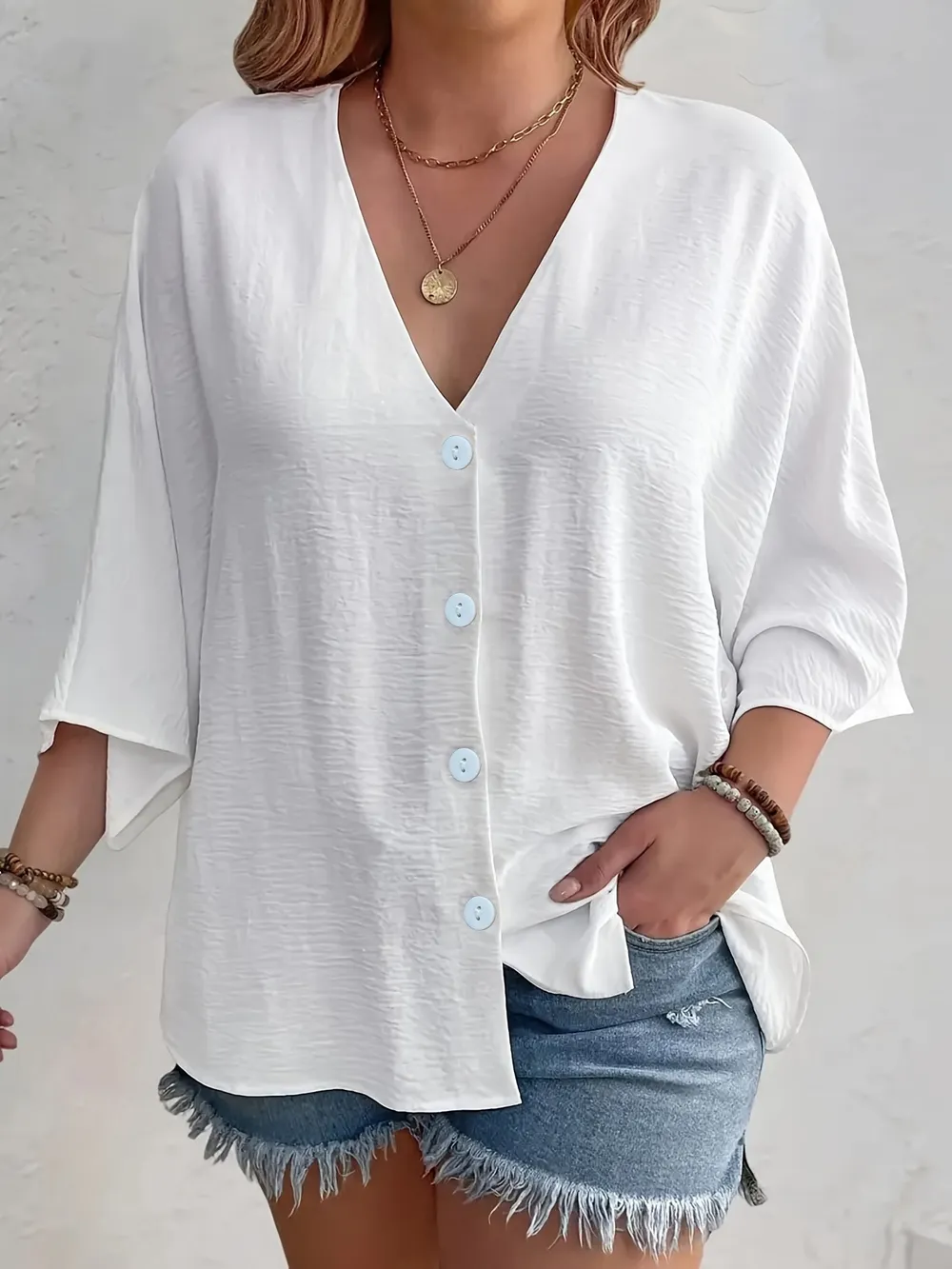 Full Size Casual V-Neck Button Down Relaxed Fit Blouse Plus Size, image 2