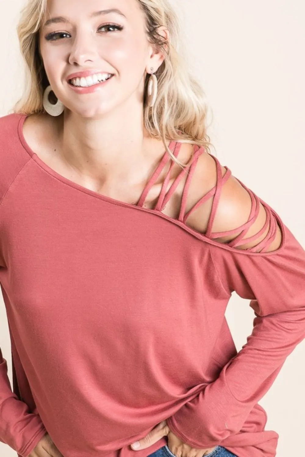 Jersey Knit One Shoulder Top With Criss Cross