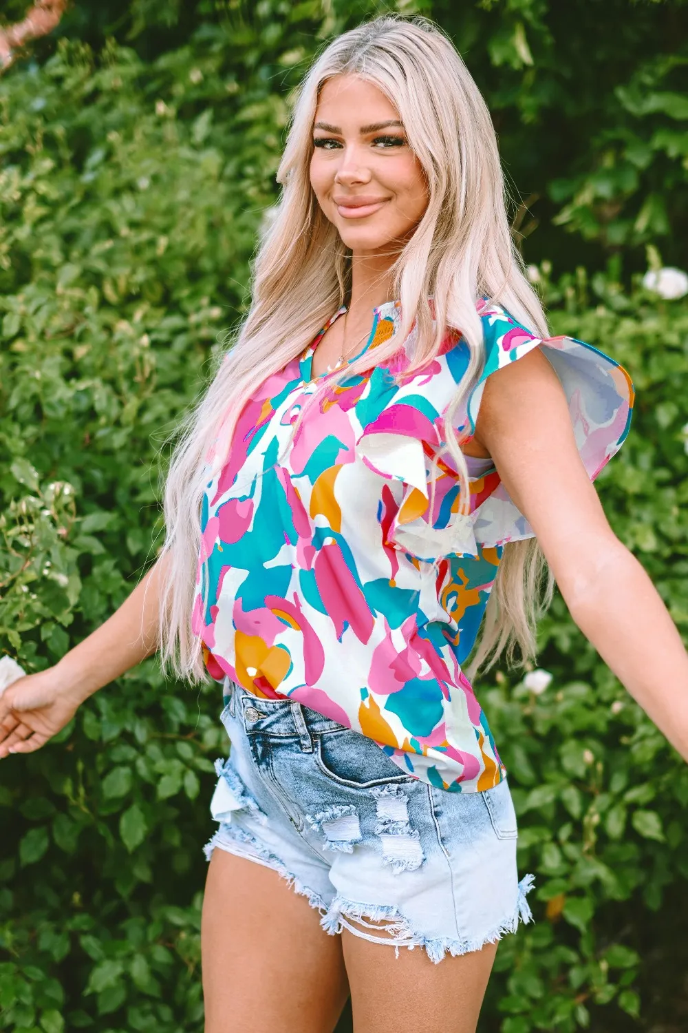 Ruffled Printed Notched Cap Sleeve Blouse, image 3