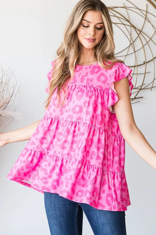 Full Size Tiered Leopard Round Neck Blouse with Ruffled Detail Plus Size, image 5