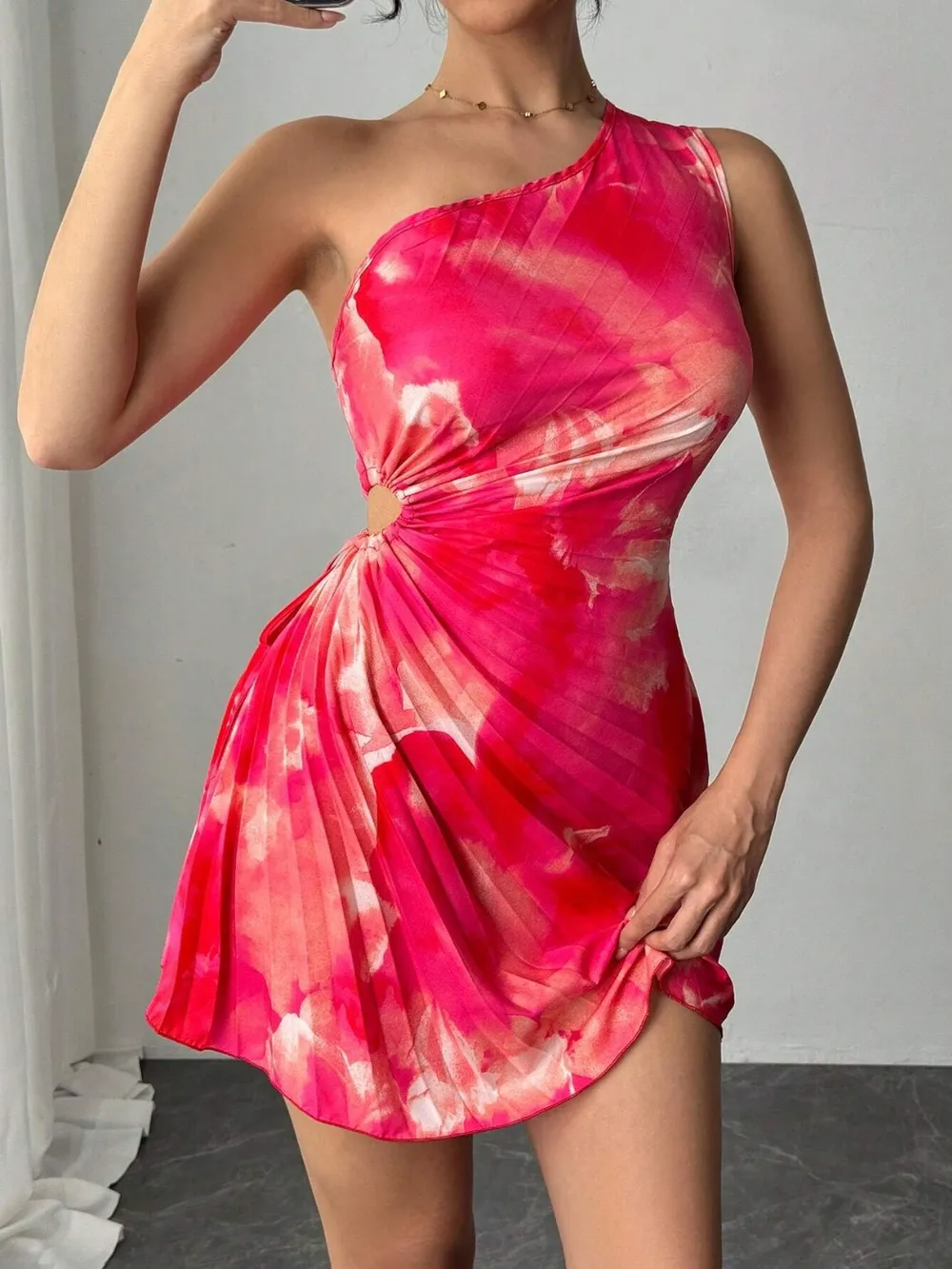 Cutout Drawstring Pleated Tie-Dye Sleeveless Mini Dress, image 4