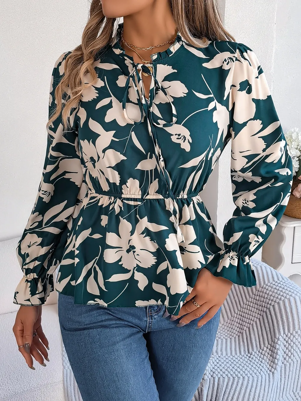 Printed Tie Neck Flounce Sleeve Blouse, image 10