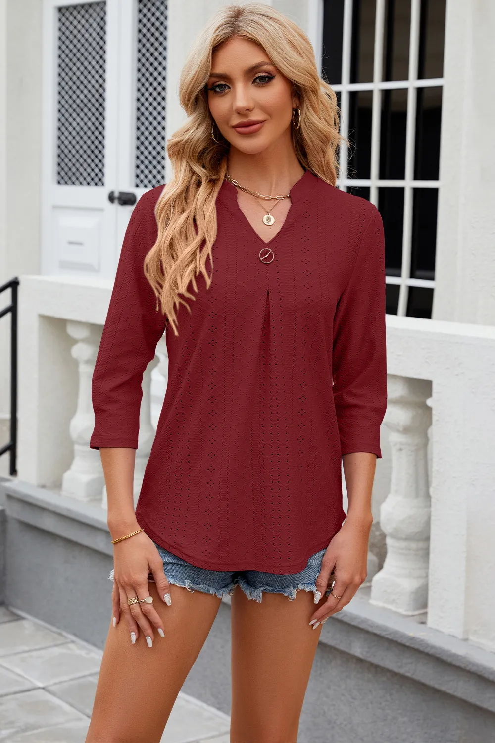 Eyelet Notched Knit Jacquard Top, image 5