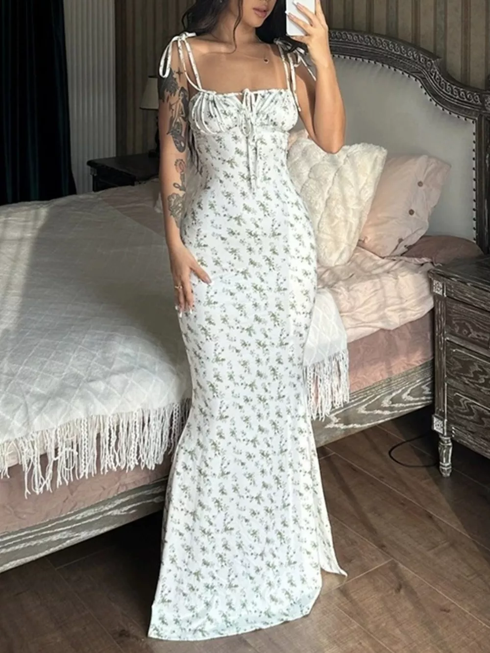 Floral Print Tie Strap Bodycon Maxi Dress, image 5