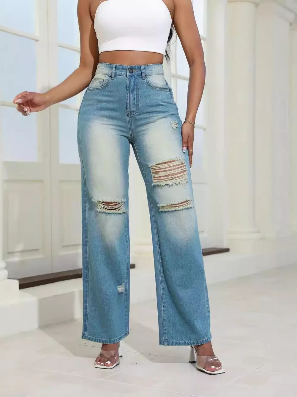High-Waisted Distressed Wide-Leg Jeans, image 11