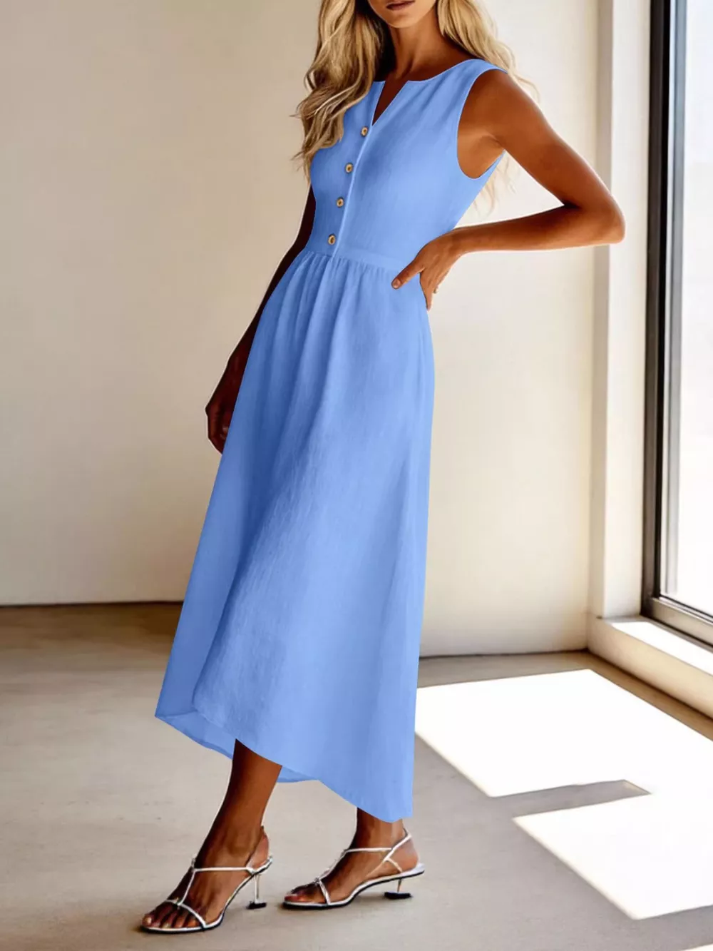 Sleeveless Button Front Flowy Midi Dress, image 4
