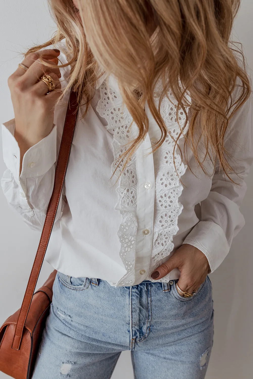 Eyelet Button Down Long Sleeve Shirt, image 4