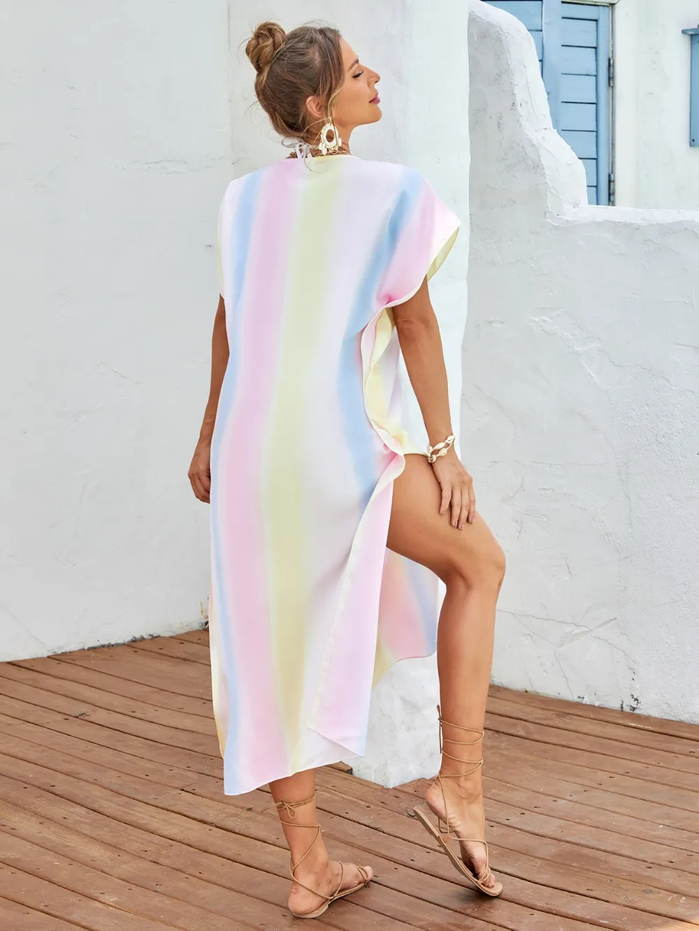 Slit Striped Notched Short Sleeve Cover Up, image 5