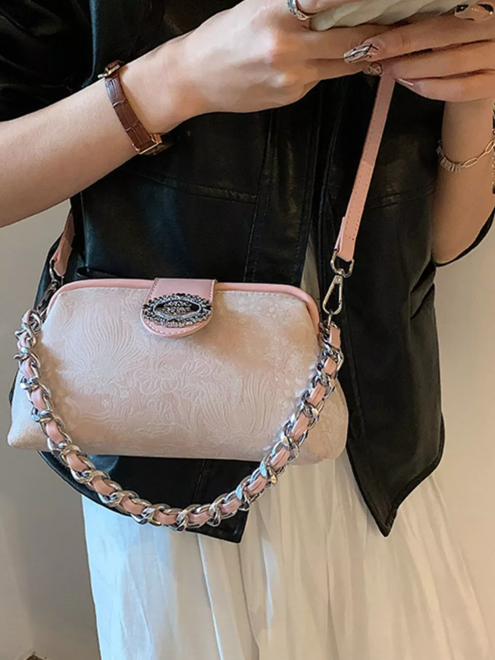 Embroidered Chain Crossbody Bag, image 12