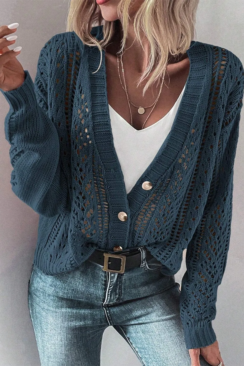 Openwork Button Up Long Sleeve Cardigan, image 6