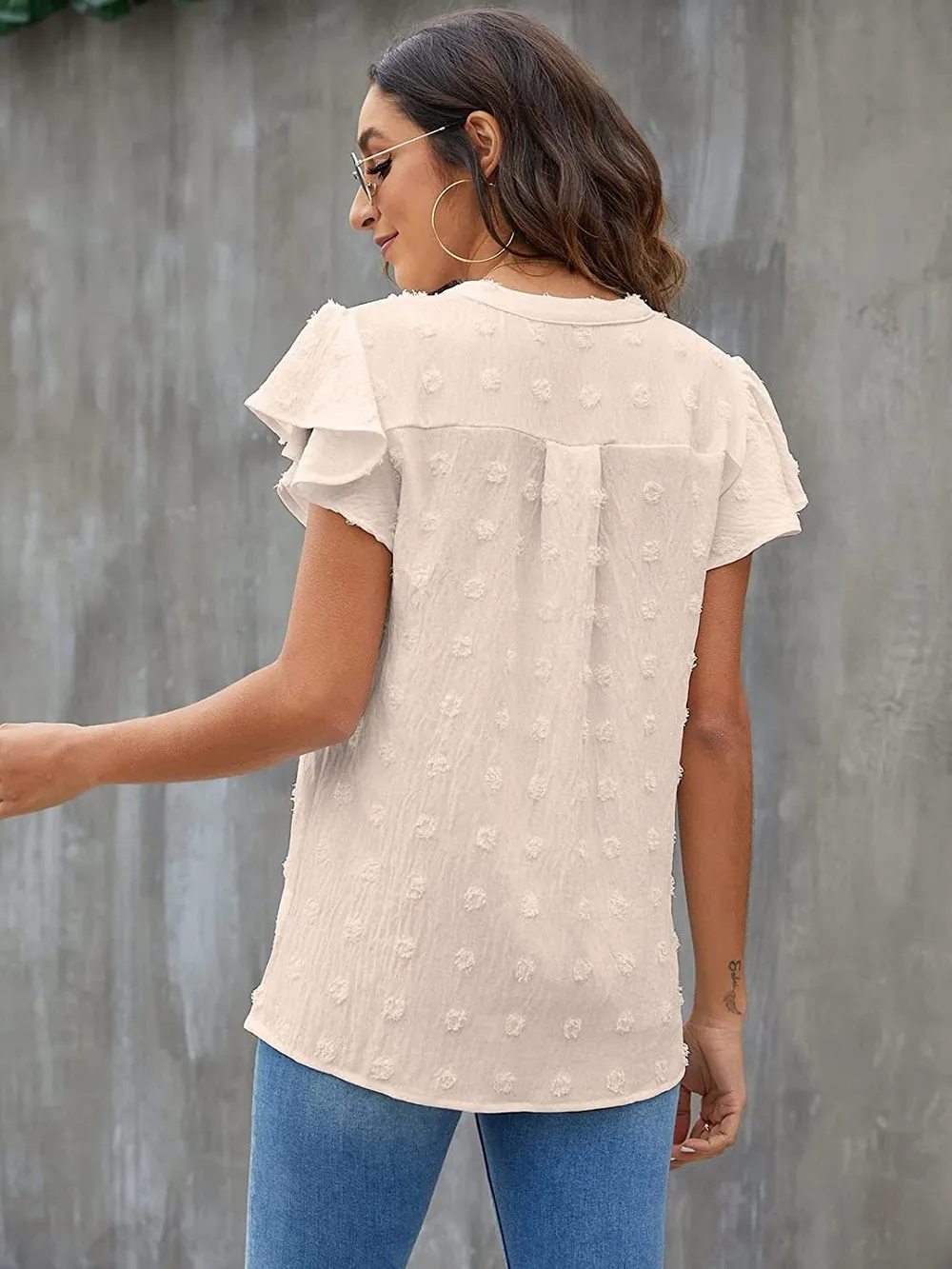 Swiss Dot Notched Flutter Sleeve Blouse, image 10