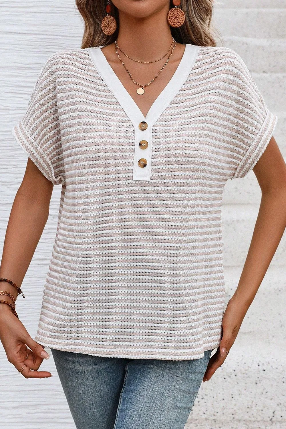 Stripe Buttoned Front V Neck T Shirt, image 3