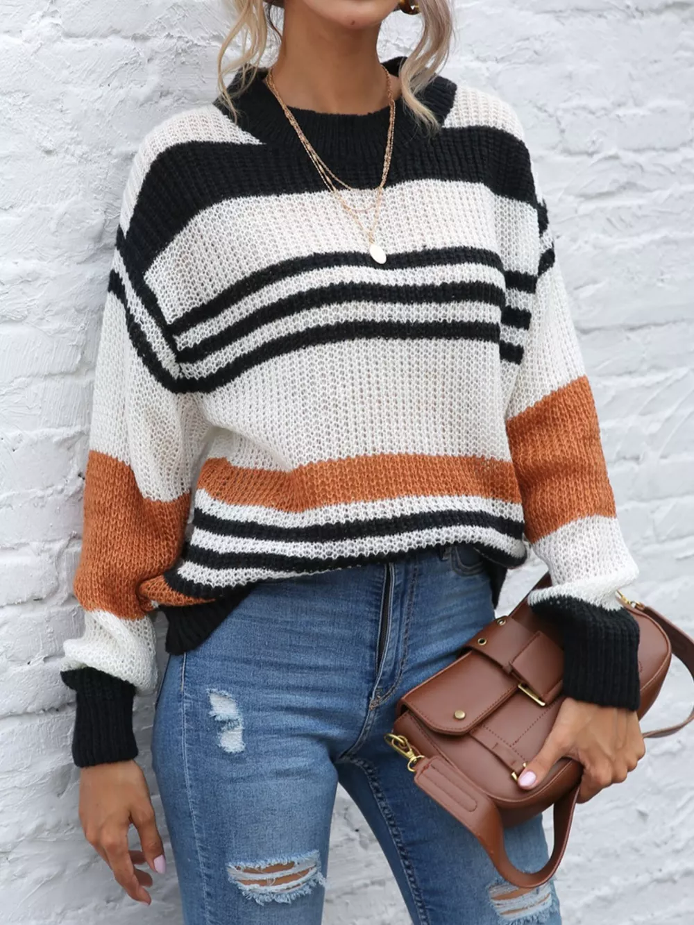 Striped Round Neck Knit Sweaer, image 5