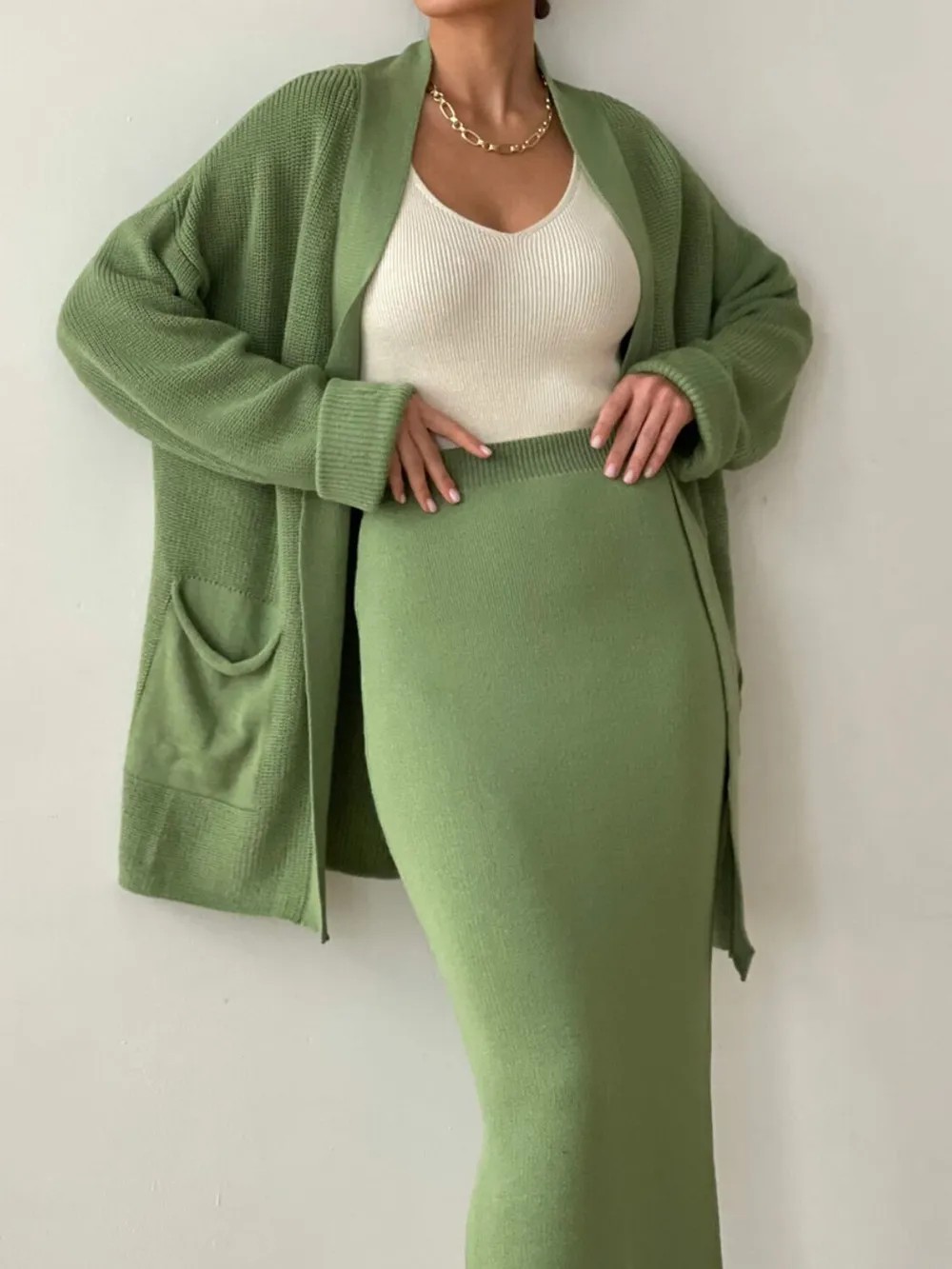 Pocketed Long Sleeve Cardigan and Skirt Sweater Set, image 14
