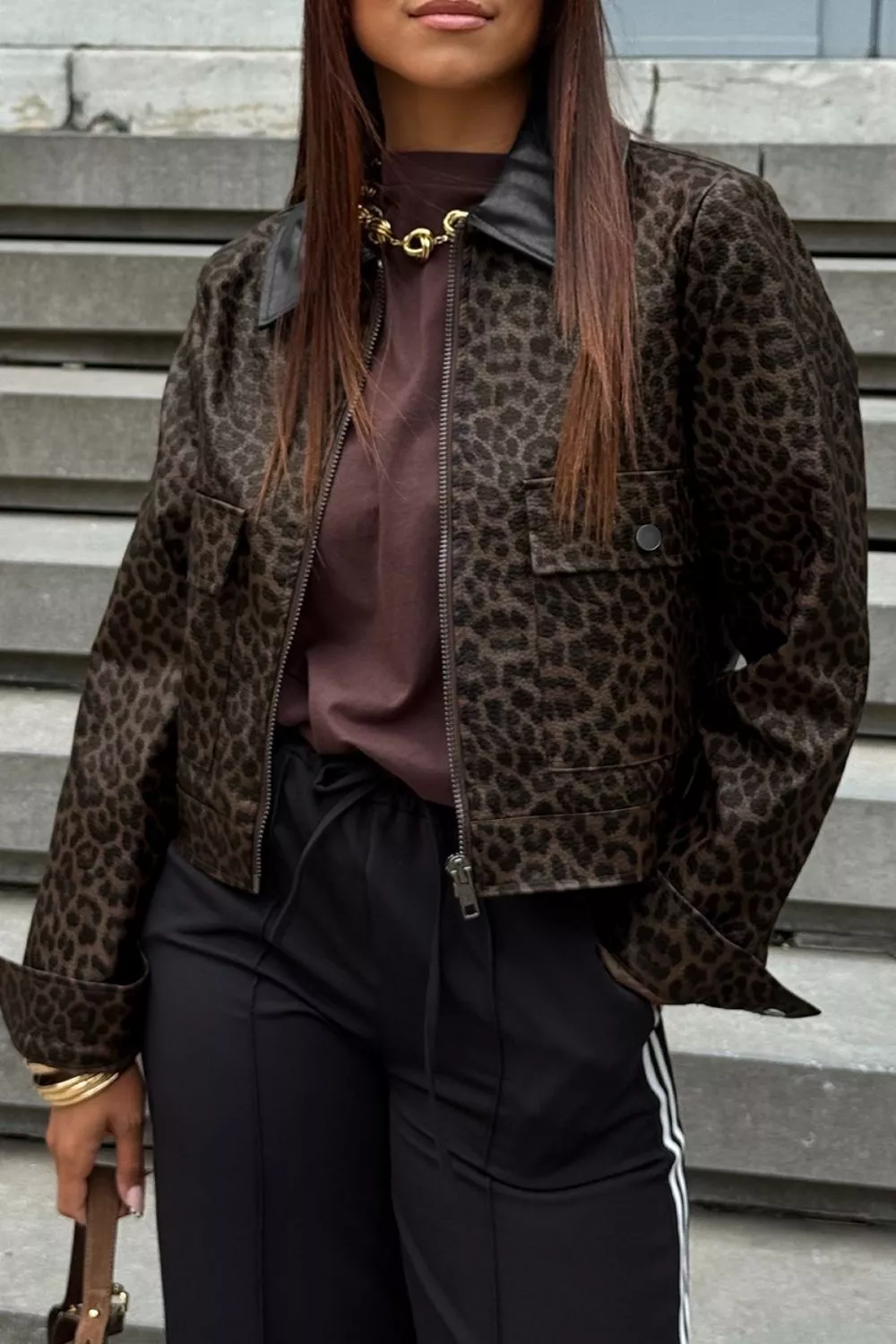 Leopard Print Cropped Faux Leather Jacket with Utility Pockets, image 4