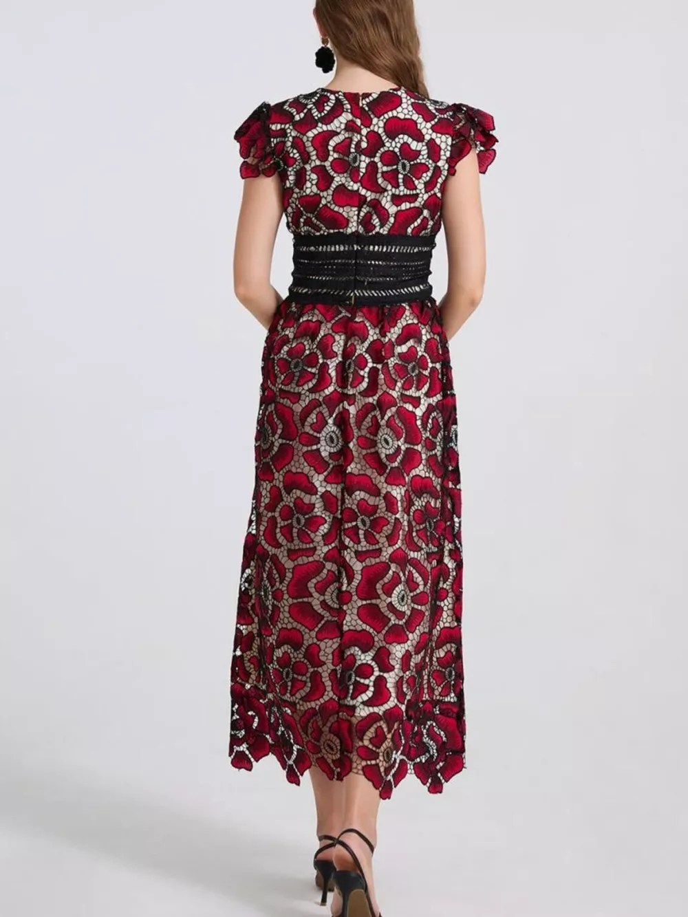 Printed V-Neck Ruffle Sleeve Midi Dress, image 20