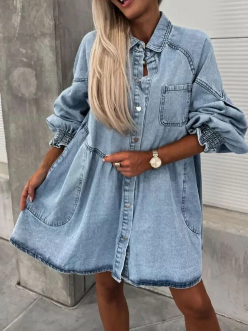 Oversized Long Sleeve Button-Up Denim Dress, image 3