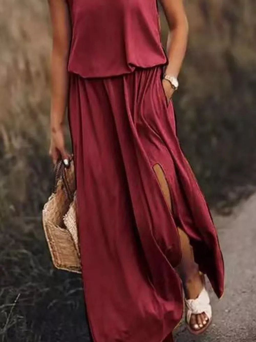 Full Size Round Neck Sleeveless Slit Maxi Dress Plus Size, image 6
