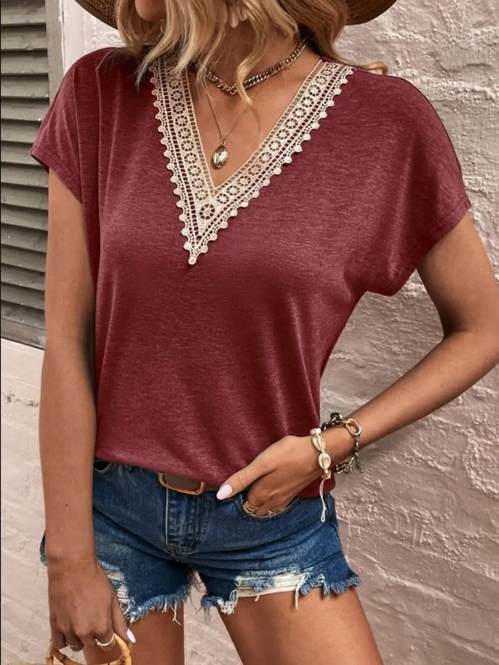 Full Size Lace Detail V-Neck Short Sleeve T-Shirt, image 7