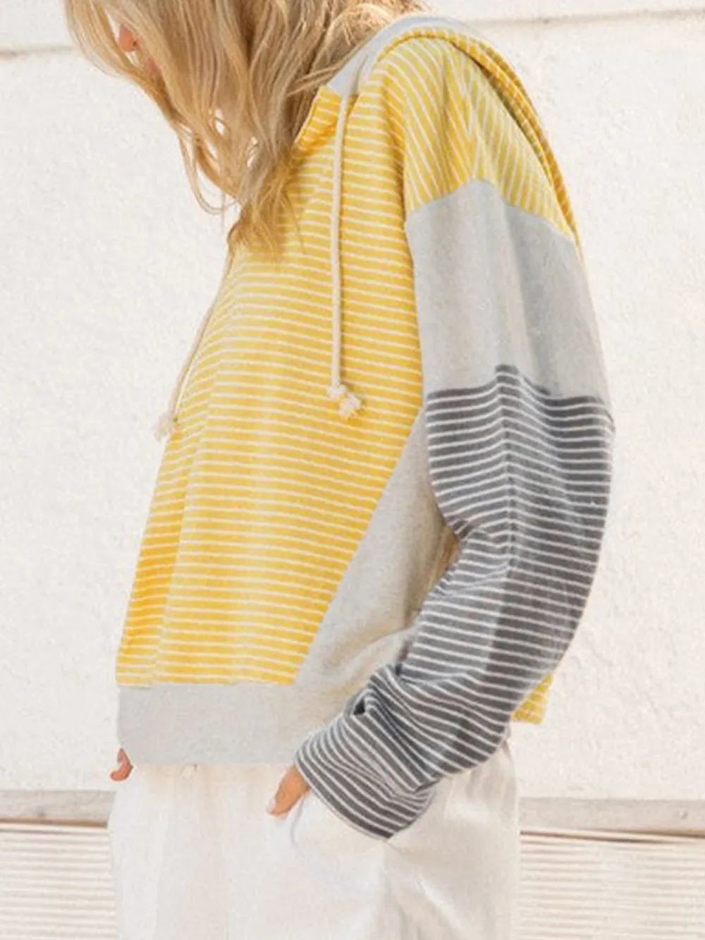 Striped Color Block Hoodie with Drawstring, image 3
