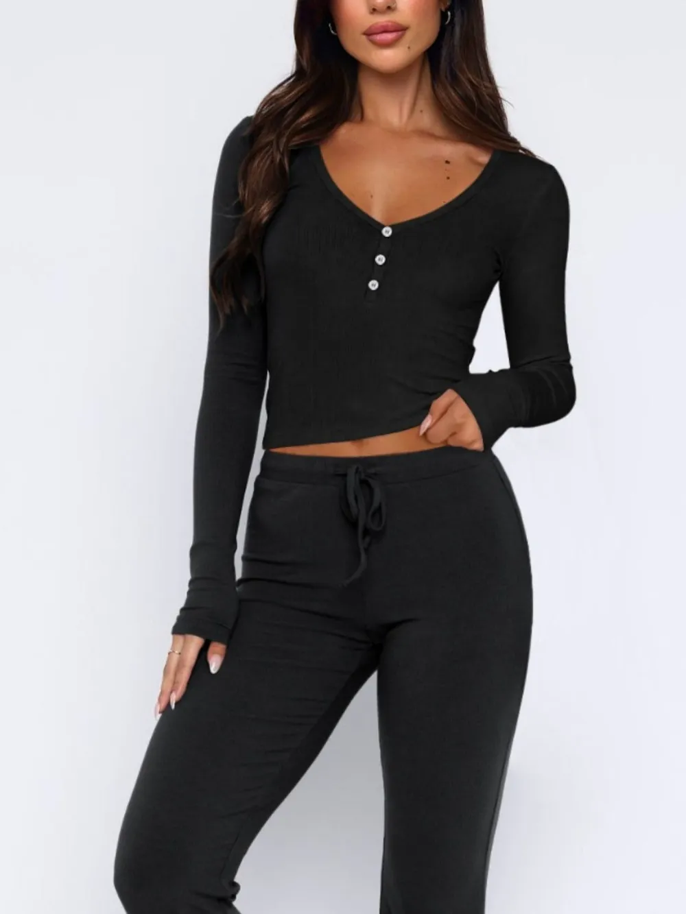 V-Neck Long Sleeve Top and Pants Set, image 4