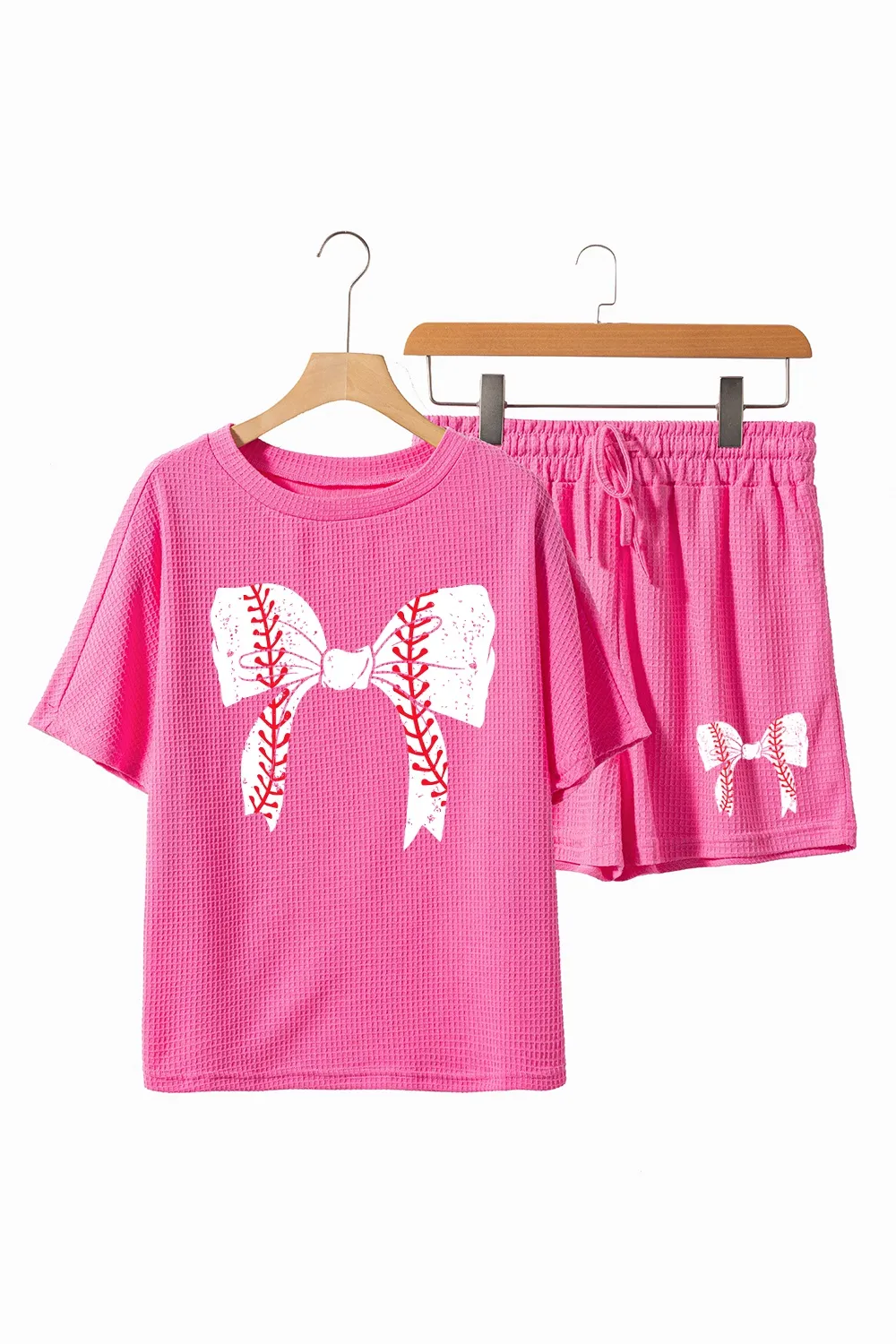 Waffle-Knit Bow Round Neck Top and Shorts Set, image 2
