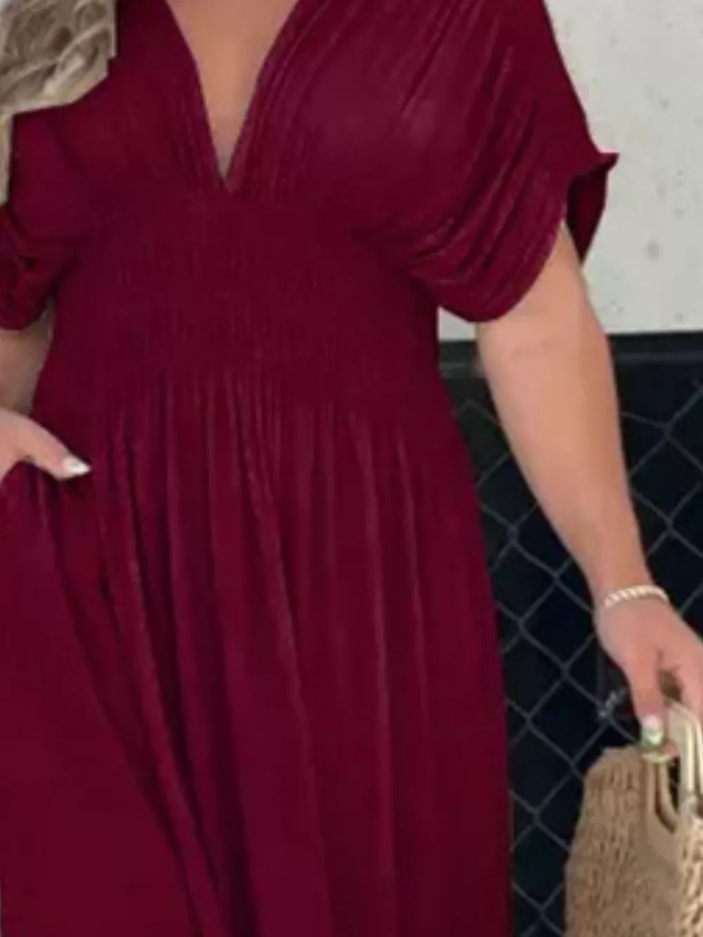 Full Size Slit V-Neck Smocked Waist Maxi Dress Plus Size, image 14