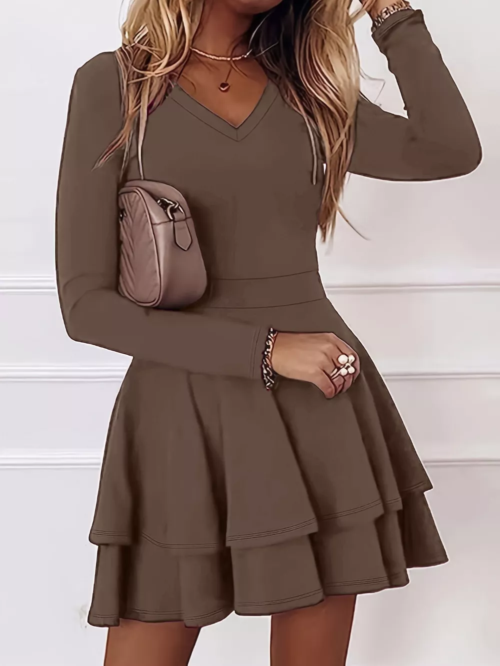 V-Neck Layered Ruffle Mini Dress, image 12