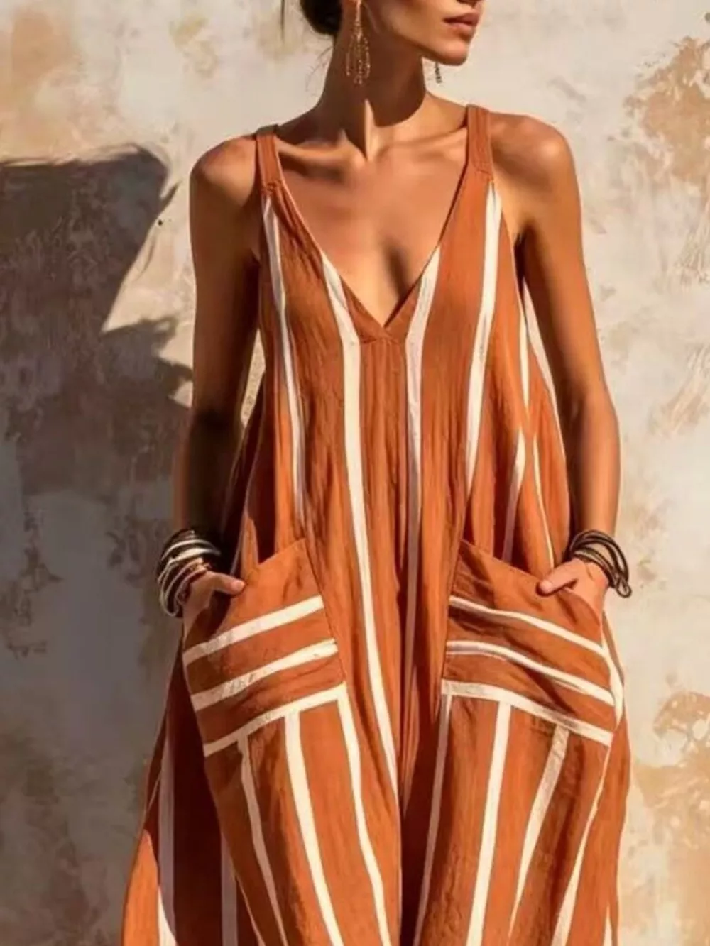 Striped V-Neck Sleeveless Wide-Leg Jumpsuit, image 3