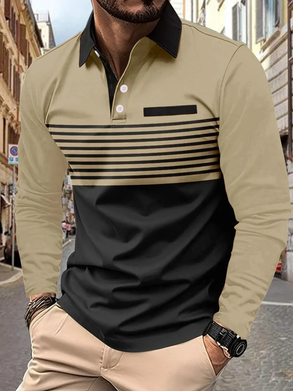 Men's Full Size Collared Neck Long Sleeve Striped Polo Plus Size, image 7