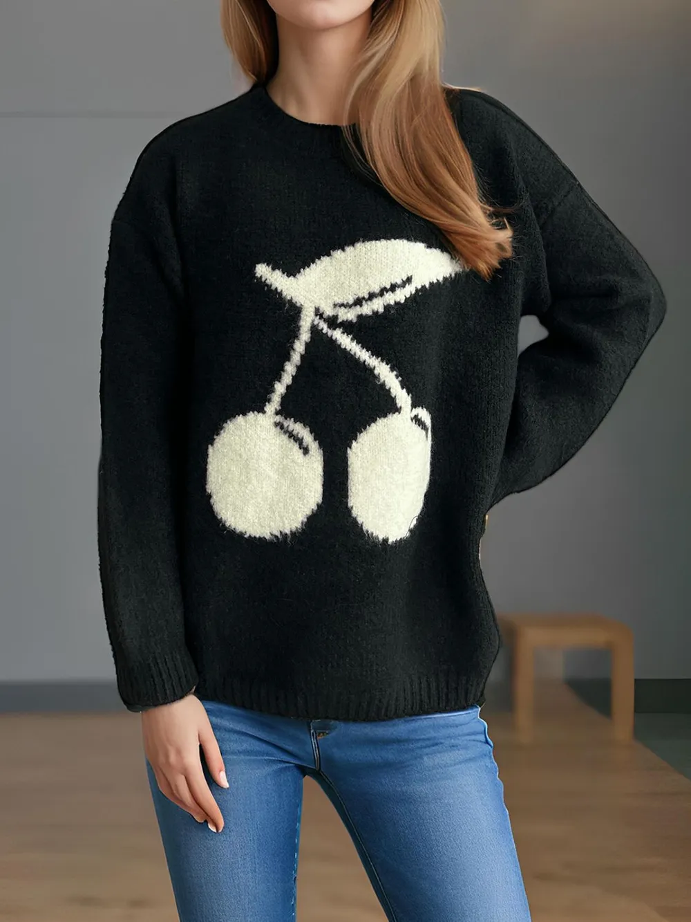 Cherry Round Neck Long Sleeve Sweater, image 7