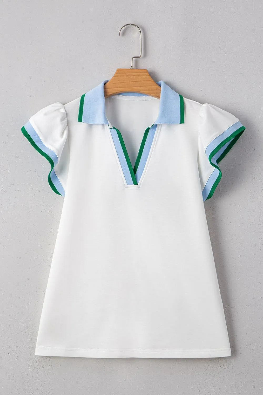 Contrast Ruffled Sleeve Collared V Neck Blouse, image 7