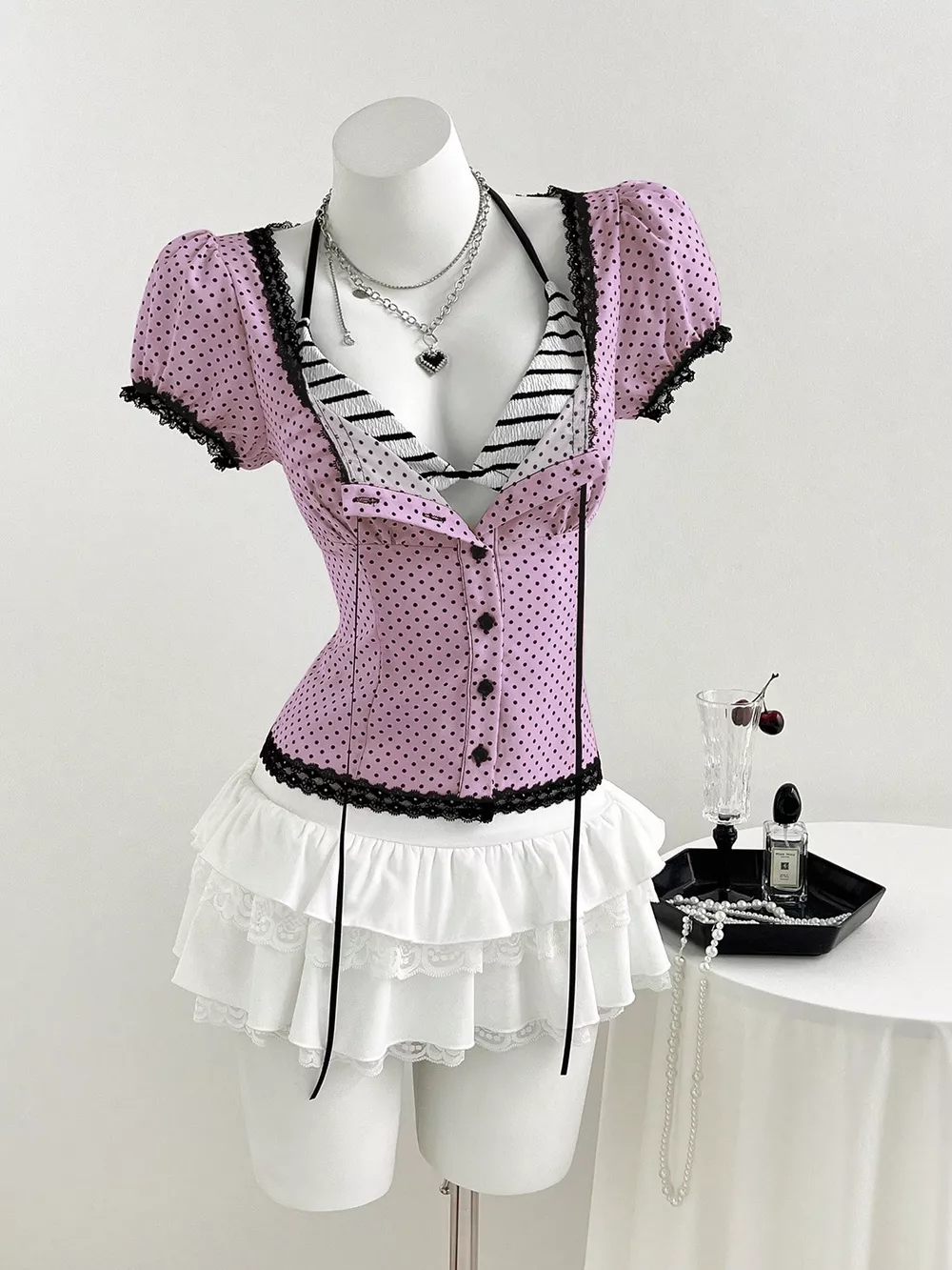 Polka Dot Lace Trim Puff Sleeve Top, image 14