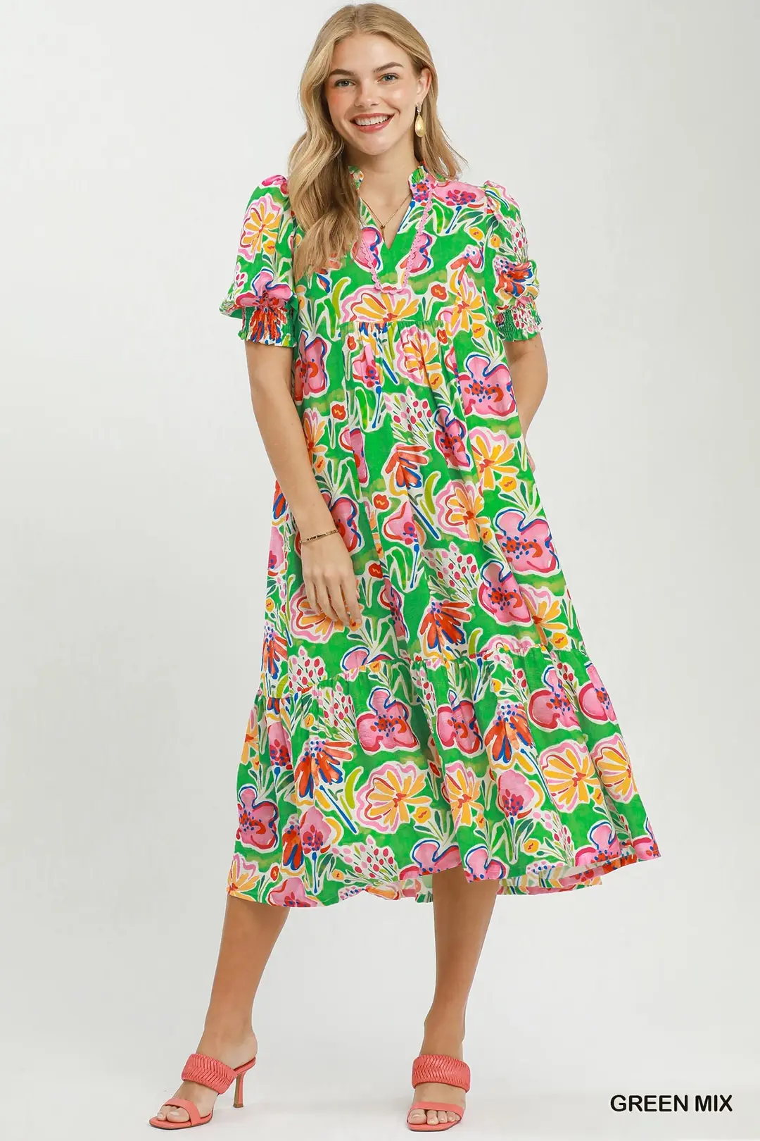 Floral Print Puff Sleeve Tiered Midi Dress, image 2