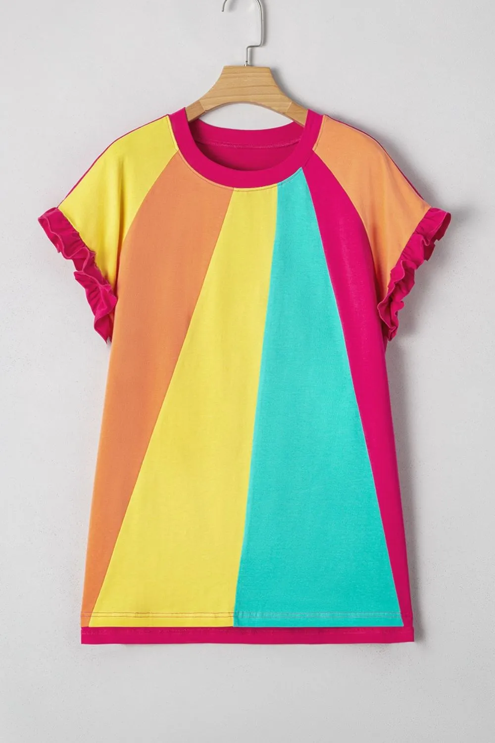 Frill Color Block Crew Neck Loose Fit T Shirt, image 2